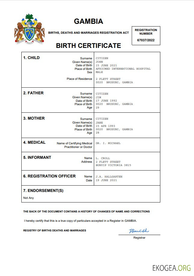Modèle Word et PDF d'acte de naissance en Gambie